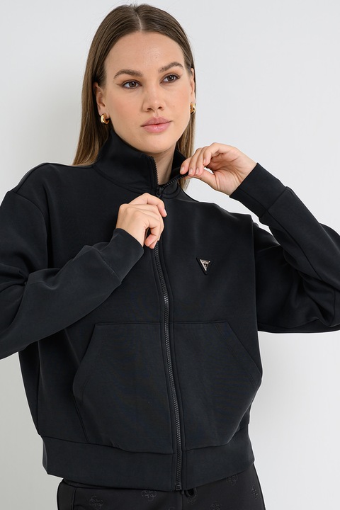 GUESS, Bluza de trening cu fermoar, Negru