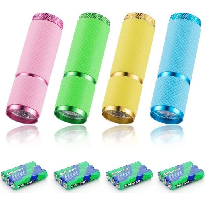 4 db mini LED lámpa szett, fluoreszkáló gumírozott markolat, alumínium, fekete, 12xAAA