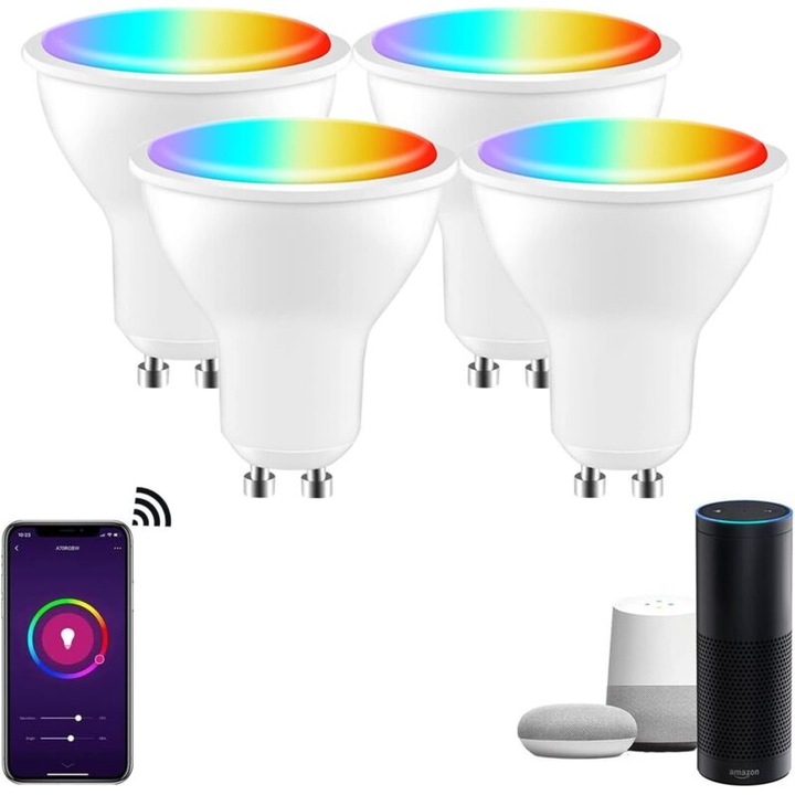 Set 4 becuri LED GU10 5W, schimbare culoare, RGBW, 3000K-6500K