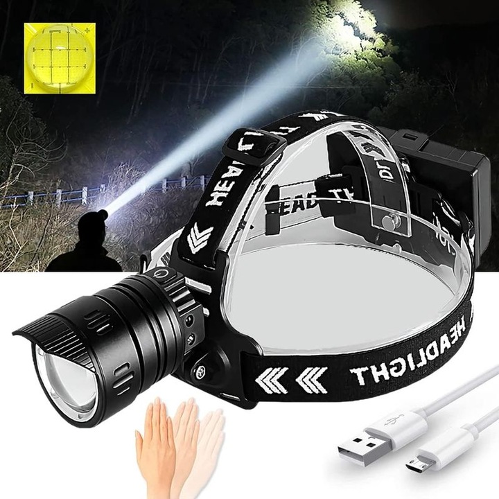 LED fejlámpa 10000 lumen, állítható, mozgásérzékelő, vízálló, 3 világítási mód