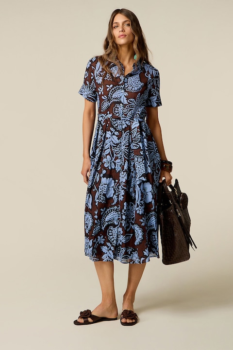 Oltre, Rochie-camasa midi din bumbac, Maro/Albastru