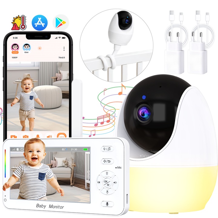 Bébiőr, INOMEVIX, wifi, bébi monitor, 4.3", telefonos alkalmazás, iOS/Android, éjjellátó, full HD 1080P, automata követés, forgatható kamera, kétirányú hang, hőmérséklet érzékelő, VOX, 4X zoom, 8 dallam, fehér, 3500 mAh akkumulátor