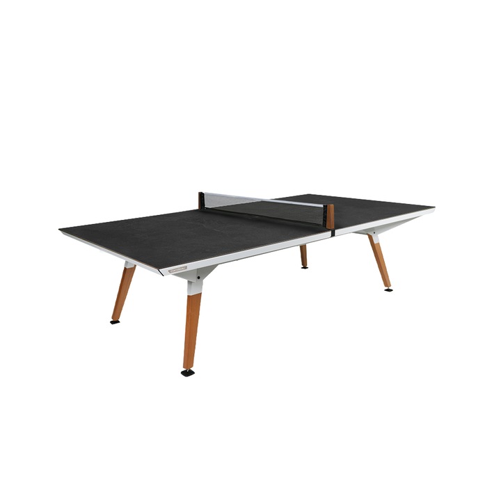Masa de ping pong 2in1 pentru interior/exterior Cornilleau, Origin, 274 x 152 cm, poate fi folosita si ca masa de dining, finisaj piatra, rama din otel inoxidabil, picioare din lemn solid rezistente la UV si ploaie, design modern, finisaj piatra, alb