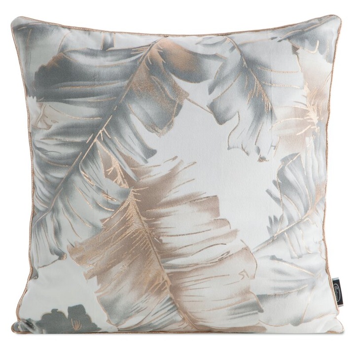 Fata de perna decorativa, Eurofirany, Layla 2, alba, 45x45 cm, velur, imprimeu frunze argintii, cu fermoar