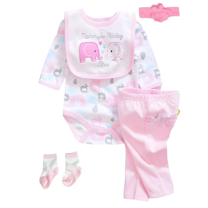 Papusa reborn imbracaminte, fetita, bebelusi, set cu haine si accesorii, Roz, Elefantul, KsiTig, 0, 2kg, pentru 17-24inch, (Set de 5 bucati)