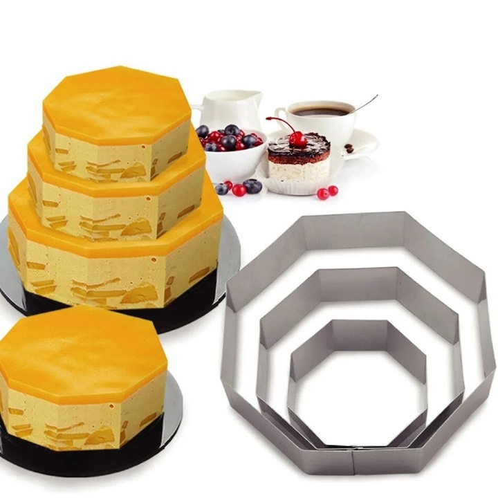 Set 3 forme metalice Pufo Cake in forma de octogon pentru blat de tort, prajituri, argintiu- rezistente si usor de utilizat