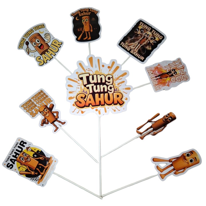 Decoratiune topper tort carton, tematica Tung Tung Tung Sahur, Brainroturi, aniversare - 9 piese