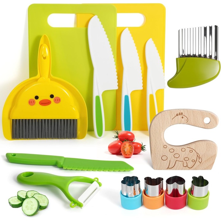 Set 16 piese cutite de jucarie din lemn pentru copii, Juksun, Set ustensile de bucatarie, Pentru Copii Mici Pentru Gatit Real Cu Cutite Din Plastic Sigure, Cutite Ondulate, Tocator, Jucarie Educativa pentru Bucatarie, 3-12 ani, culori vii