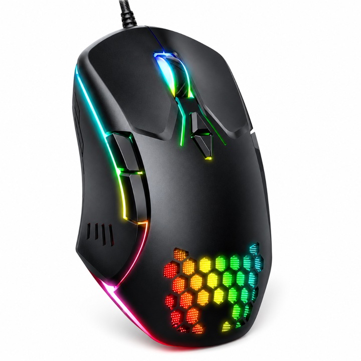 Геймърска мишка с кабел, 6400 DPI 6 степени, 7 бутона, RGB осветление, оптичен сензор, ергономична, Plug & Play, за лаптоп и компютър, USB кабел, черна