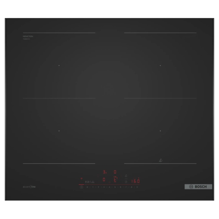 Plita cu inductie Bosch Seria 6, 60 cm, 4 zone, DirectSelect, PerfectFry Plus, CombiZone, Home Connect, Matt Black