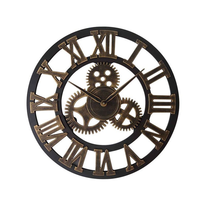 Vintage 3D falióra, fa, 30cm, fekete, antik bronz hatás
