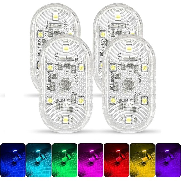 Комплект от 4 LED RGB лампи за интериор на кола, тъч, USB, многоцветни, 5.3x2.7x1см