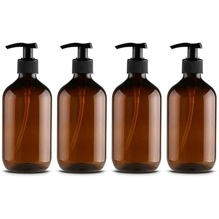 4 db PET szappanadagoló készlet, 500ml, fekete pumpa, borostyán, 16.5x6.4cm
