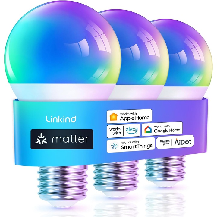 Okos LED WiFi izzó, E27, RGBTW, Alexa és Google Assistant kompatibilis, szabályozható fény 1800K-6500K, alkalmazáson keresztül vezérelhető, 9W, többszínű, 4 db-os szett