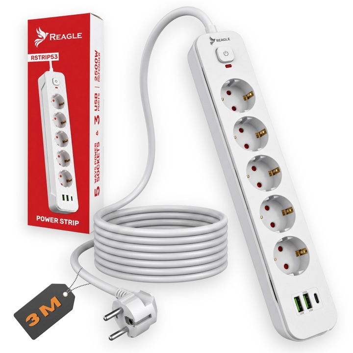 Разклонител REAGLE, 2500W, 5 контакта Schuko, 1 x USB-C, 2 x USB-A, Дължина на кабела 3м, Мед, H05VV-F 3*1, 5 mm², Превключвател с LED осветление, Защита от претоварване и пренапрежение, Огнеупорен материал, Заземяване, Защита за деца, Бял