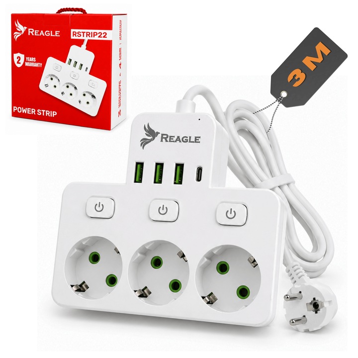 Разклонител REAGLE, 2500W, 3 контакта Schuko, 1 x USB-C, 3 x USB-A, Дължина на кабела 3м, Мед, H05VV-F 3*1, 5 mm², Индивидуални превключватели с LED осветление, Защита от претоварване и пренапрежение, Огнеупорен материал, Заземяване, Защита за деца, Бял