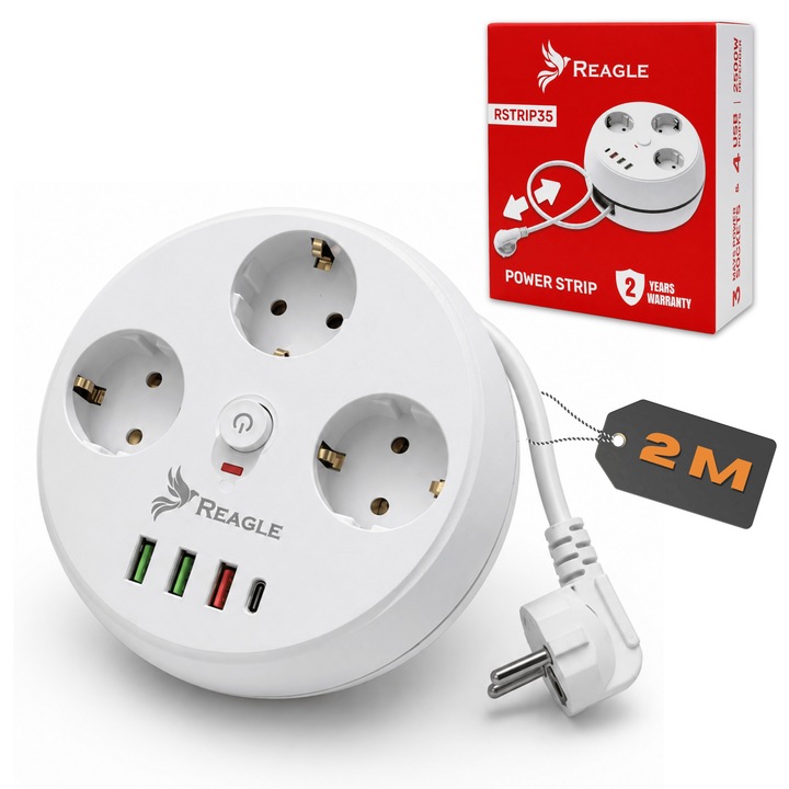 Удължител с макара REAGLE, 2500W, 3 контакта Schuko, 1x USB-C, 3x USB-A, Прибиращ се кабел 2м, Мед, H05VV-F 3*1, 5 mm², Превключвател с LED осветление, Защита от претоварване и пренапрежение, Огнеупорен материал, Заземяване, Защита за деца, Бял
