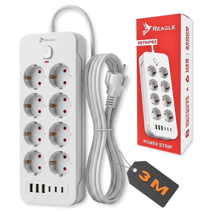 Разклонител REAGLE, 2500W, 8 контакта Schuko, 3 x USB-C, 3 x USB-A, Дължина на кабела 3м, Мед, H05VV-F 3*1, 5 mm², Превключвател с LED осветление, Защита от претоварване и пренапрежение, Огнеупорен материал, Заземяване, Защита за деца, Бял