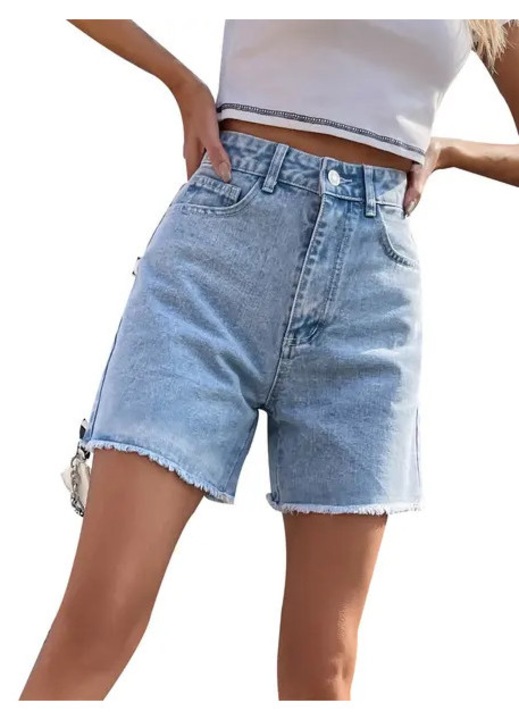 Pantaloni scurti dama denim talie inalta croiala dreapta tiv nefinisat albastru, L INTL