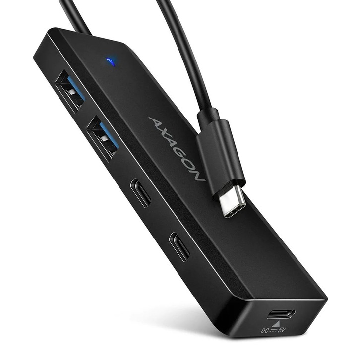 Axagon HUE-C2C négyportos USB-C 5Gbps hub 2x USB-A 5Gbps, 2x USB-C 5Gbps porttal, 19 cm beépített kábel, fekete