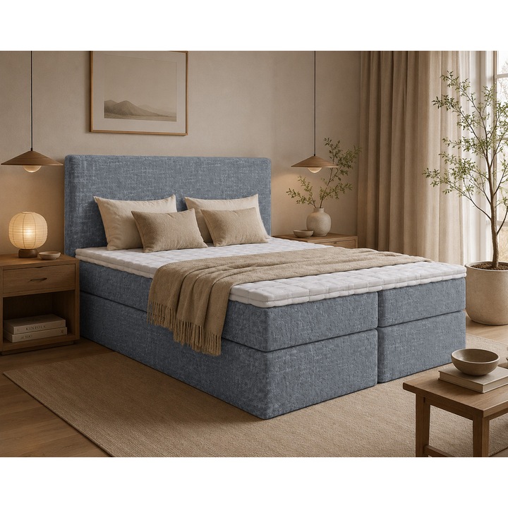 BERG TOCCO boxspring típusú franciaágy, Bonell rugós matraccal és tárolórekesszel, chenille szövettel kárpitozva (160x200, Sötétszürke - Tocco 07, VISCO topper matrac)