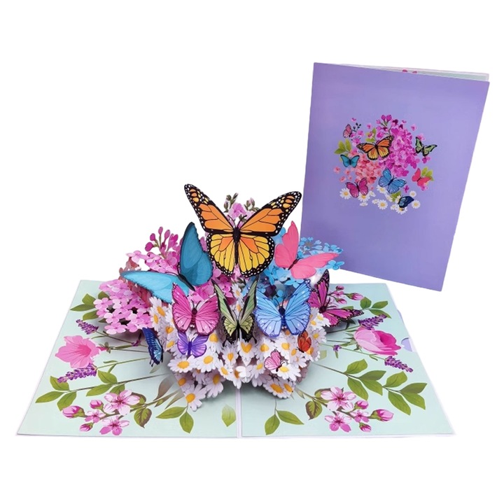Felicitare 3D pop-up fluturi natura multicolor cu notite integrate