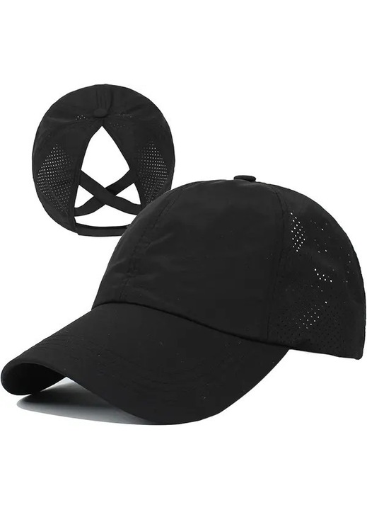 Női sportsapka, állítható, keresztezett pánttal, fekete, univerzális méret
