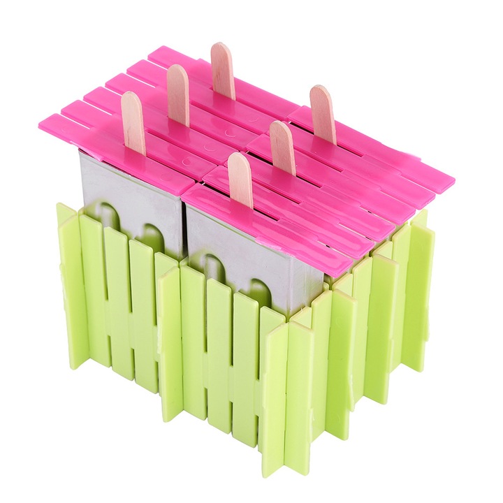 Forma de inghetata din otel inoxidabil, 6 cavitati, suport plastic, betisoare lemn