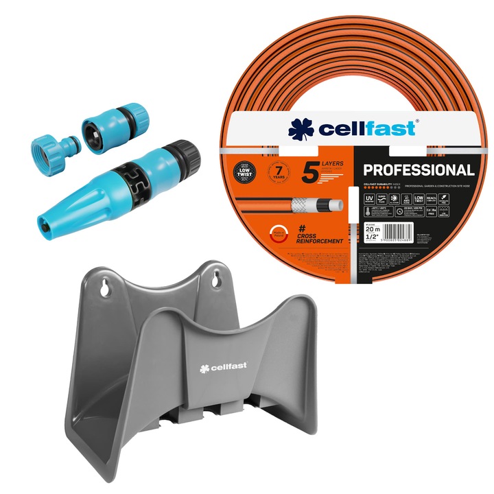 Cellfast kerti tömlő, PROFESSIONAL 1/2" 20 m + Cellfast szürke tömlőtartó + Cellfast Basic 1/2" egyenes szórófej készlet