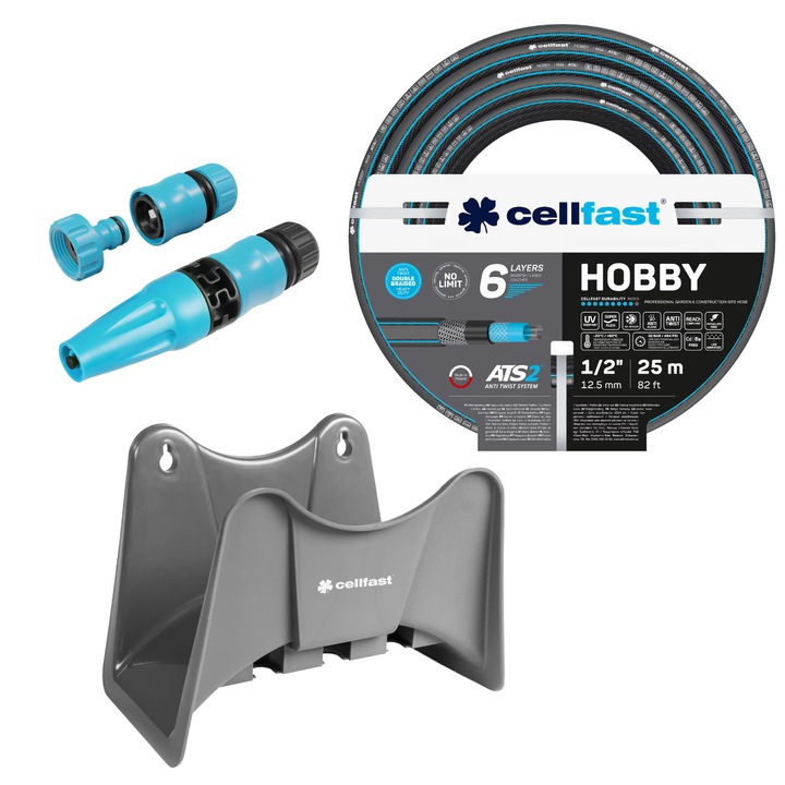 Cellfast Hobby ATS2 kerti tömlő 1/2" 25 m + Cellfast szürke tömlőtartó + Cellfast Basic 1/2" egyenes szórófej készlet