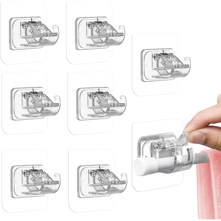Set 8 Suporturi Adezive pentru Bara Perdea, Transparent, 5.5x5.5cm