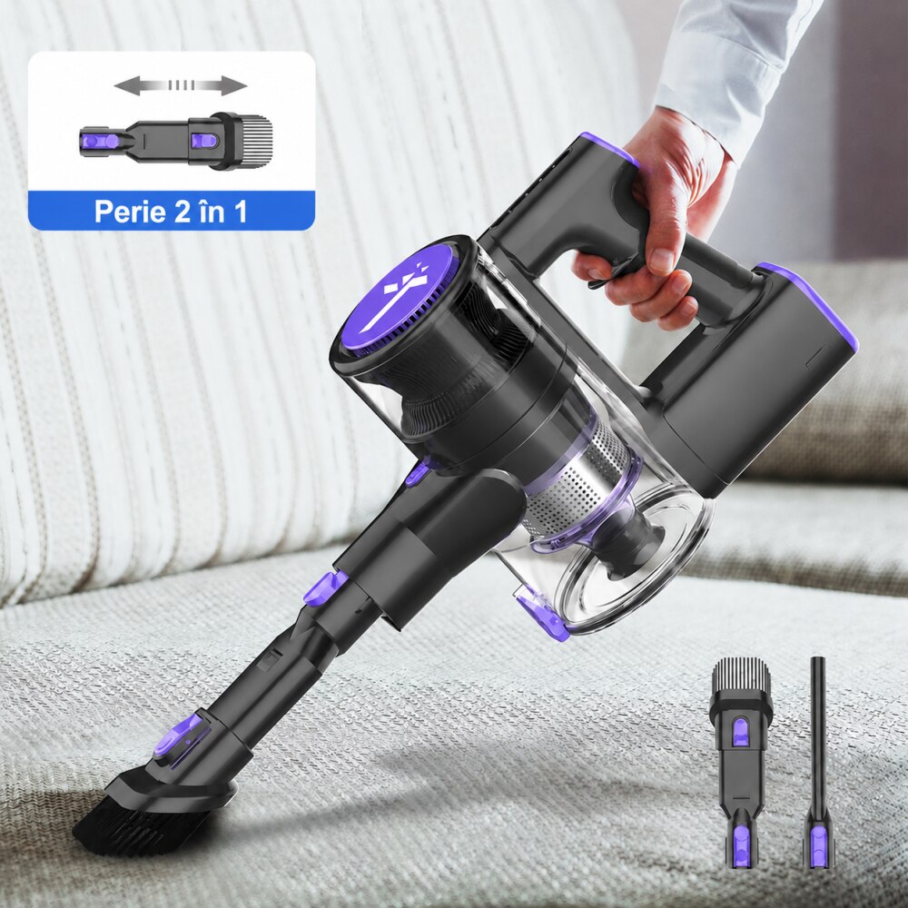 Aspirator vertical fara fir Teendow P11 Pro, cu baterie, sac de praf de 0, 45 L, putere de 250 W, pentru diverse suprafete, filtre HEPA, lumina verde