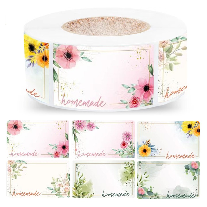 Öntapadós címkék, 500 db, 3x5 cm, virágmintás, többszínű