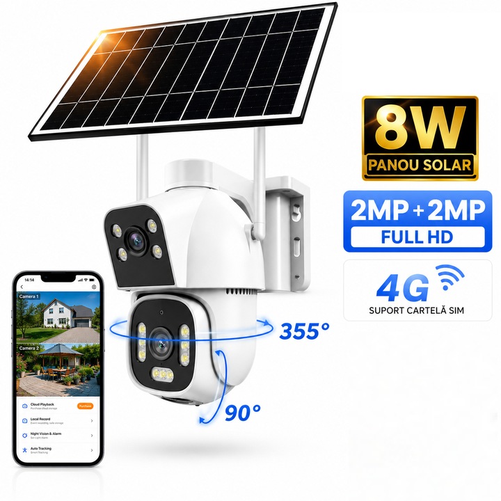 Соларна Камера за Наблюдение Vala Tech®️ 4G eSIM 4MP Двойна Леща Bullet+Dome, Соларен Панел 18W, Батерия 12.000mAh, 12X Увеличение, PIR AI 40m, PTZ 355°, Цветно Нощно Виждане, Двупосочно Аудио, Слот TF 256GB