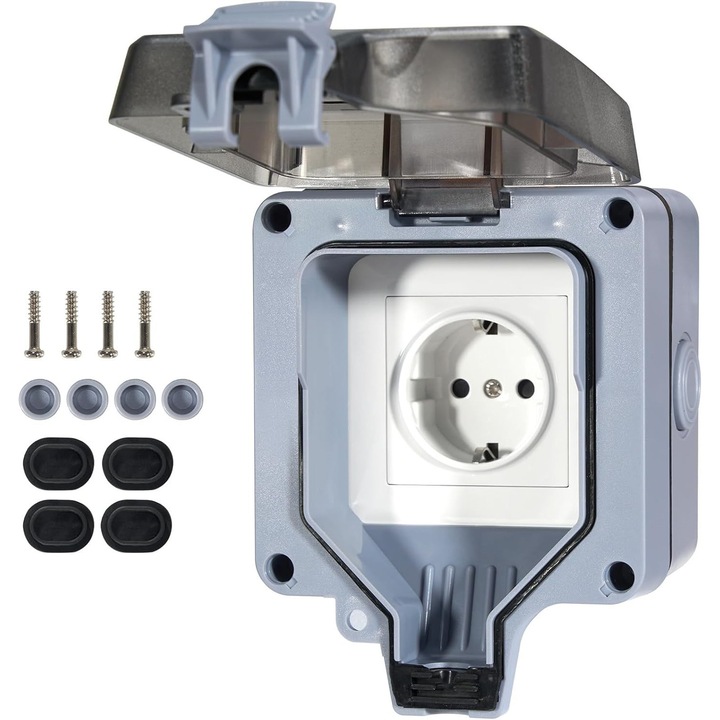 Priza de exterior cu capac 0807BM-BST4035959, IP66, 16A 220–250V, carcasa ABS, priza Schuko, gri