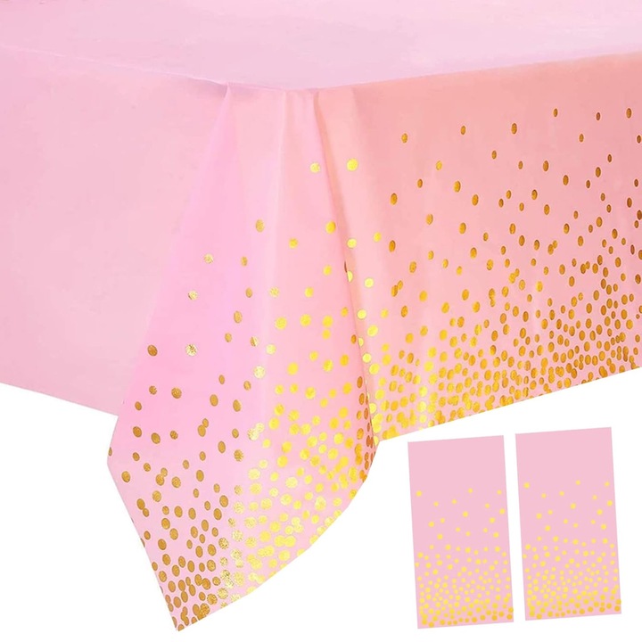 Fata de masa din plastic Carmdering EMAGFP-BST4036429-1-A, cu buline aurii, roz, 137 x 274 cm