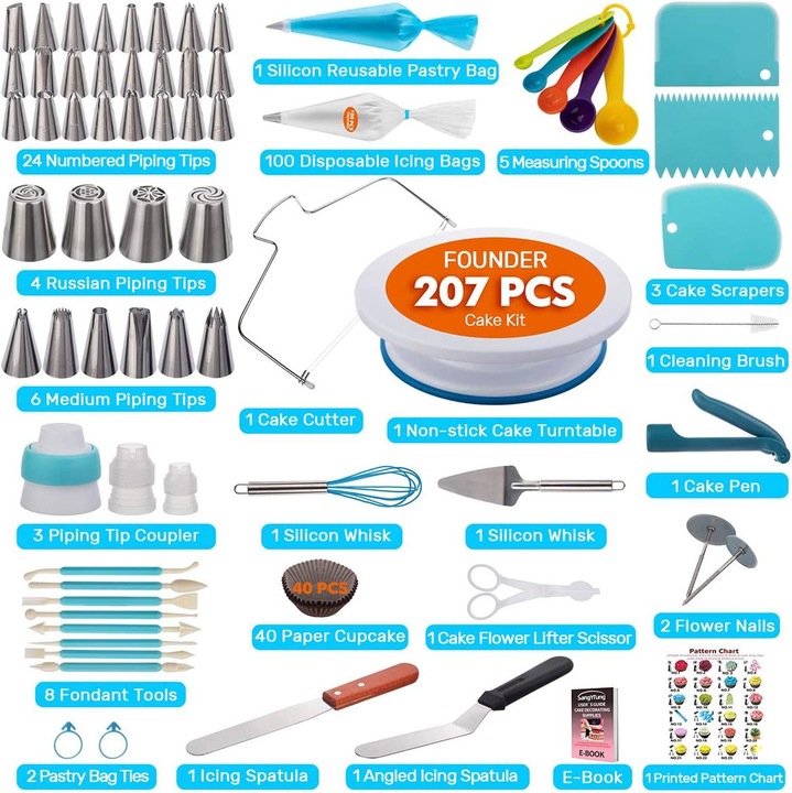 Set ustensile decorare prajituri 207 piese, rotativ, multicolor, diverse dimensiuni