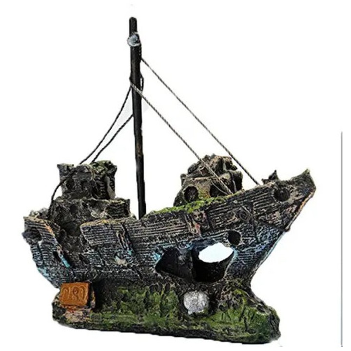 Декоративна лодка за аквариум, устойчива пластмаса, цветна, 15x5.5x12cm