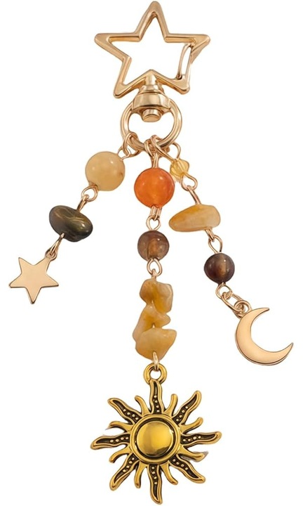 Breloc boho cu soare luna stele si margele cristal, auriu, 10.5cm
