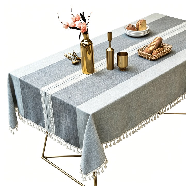 Asztalterítő rojtokkal, qipuneky, mérete 140×180 cm, szürke színű, vízálló, luxus minimalista, természetes fa és skandináv stílusokhoz illő