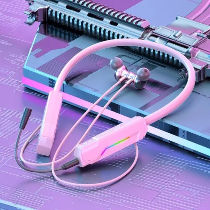 Vezeték nélküli nyakpántos RGB fejhallgató, rózsaszín, 1000mAh, hosszú üzemidő (20m hatótávolság)