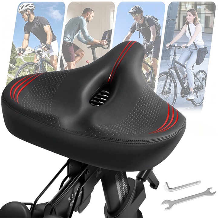 Sa Bicicleta Premium, SANSES, Spuma de Memorie, Design Anatomic, Sporeste Confortul, Design Ventilat, Ultra Amortizare Socuri, Anti-Alunecare, Impermeabila, 32x30x6 cm, Rosu Negru