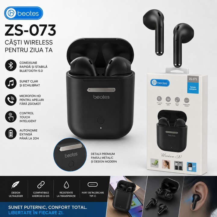 Vezeték nélküli fülhallgató, InPods, Beotes ZS-073, Fekete