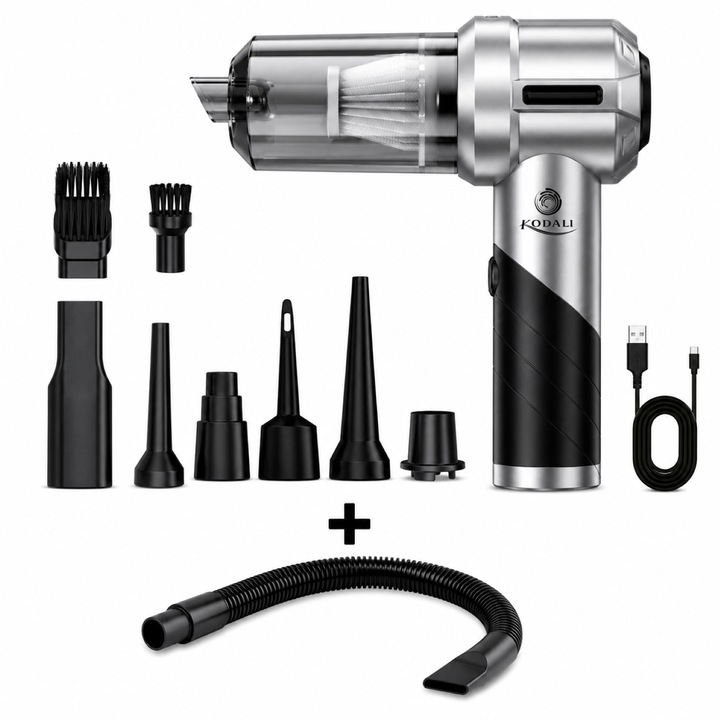 Aspirator auto portabil KODALI ST-6655 PLUS, 4 in 1, Pliabil 90°, 100W, 15000Pa, 3 viteze, 100000 RPM, Baterie 6000mAh, autonomie 30minute, aspirare, suflare, vidare, umflare, 8 accesorii, filtru HEPA, USB-C, Gri