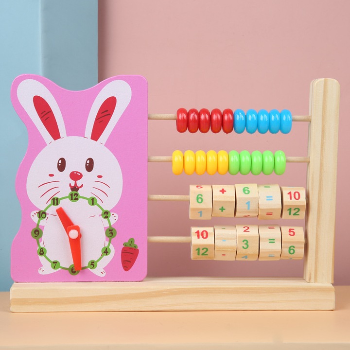 Jucarie lemn mini abac 4 in 1 cu Animalute / Iepuras