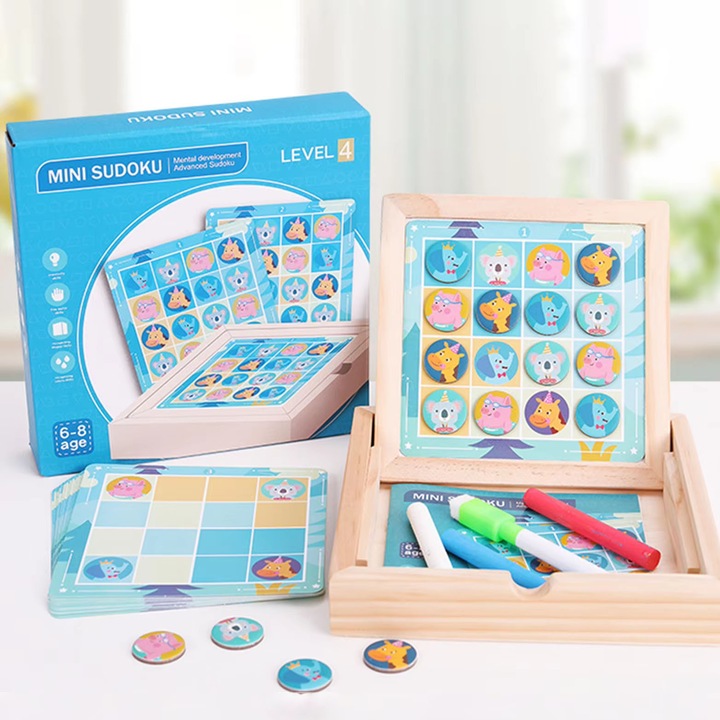 Joc logic Mini Sudoku din lemn cu tablita magnetica Level 4 Animale
