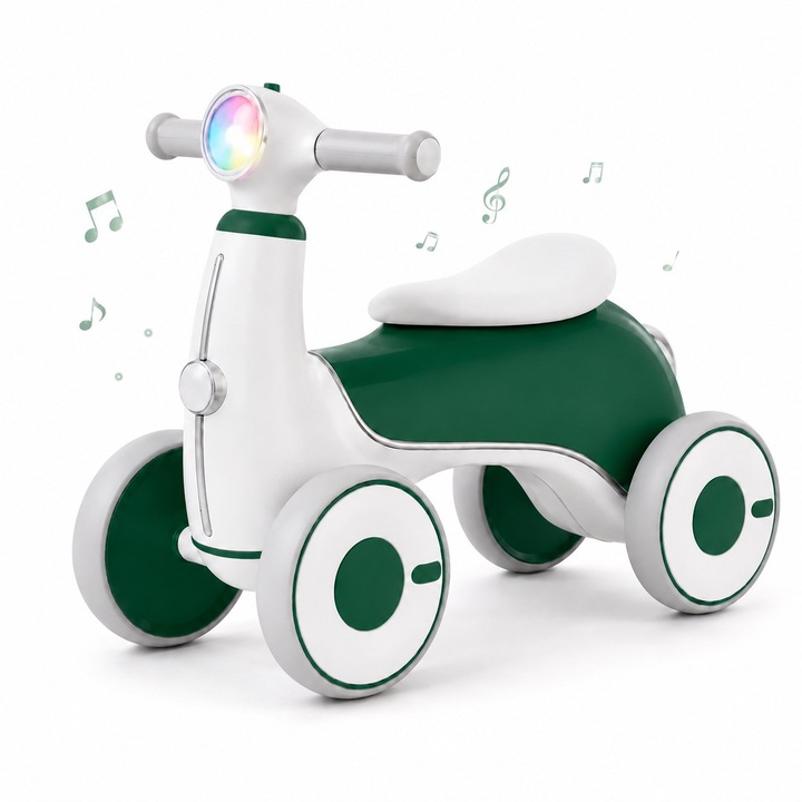 Bicicleta ride-on de echilibru, fara pedale pentru copii 2 – 3 ani, cu 4 roti, lumini si muzica cu far Verde