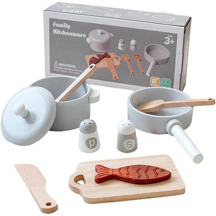 Set de gatit de jucarie Family Kitchenware vase si ustensile din lemn