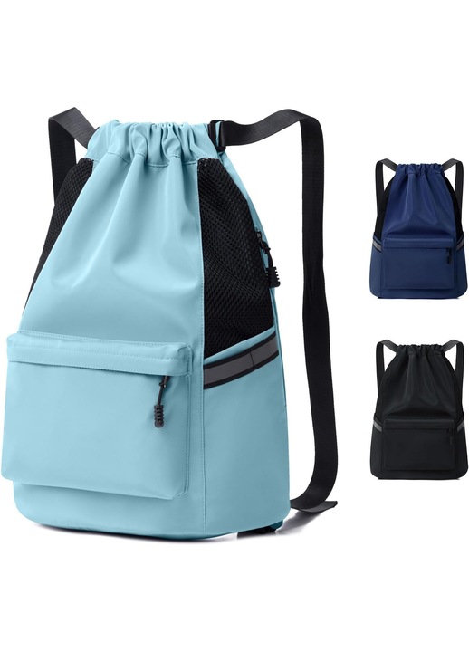 Rucsac sport cu snur 45x30x15 cm 25-35l impermeabil oxford, benzi reflectorizante, 5 buzunare, pentru sala fitness yoga camping, barbati femei, albastru deschis
