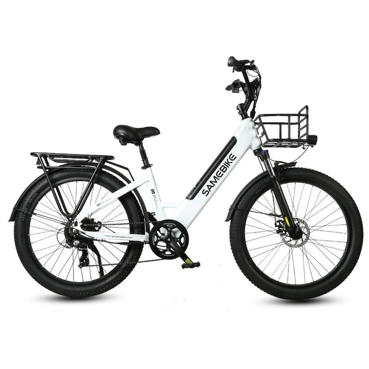 Elektromos kerékpár, Samebike RS-A01 Plus, 26*3" kerekek, 250W motor, 14Ah, 48V, Maximális sebesség 25KM/H, SHIMANO 7 sebesség, Fehér